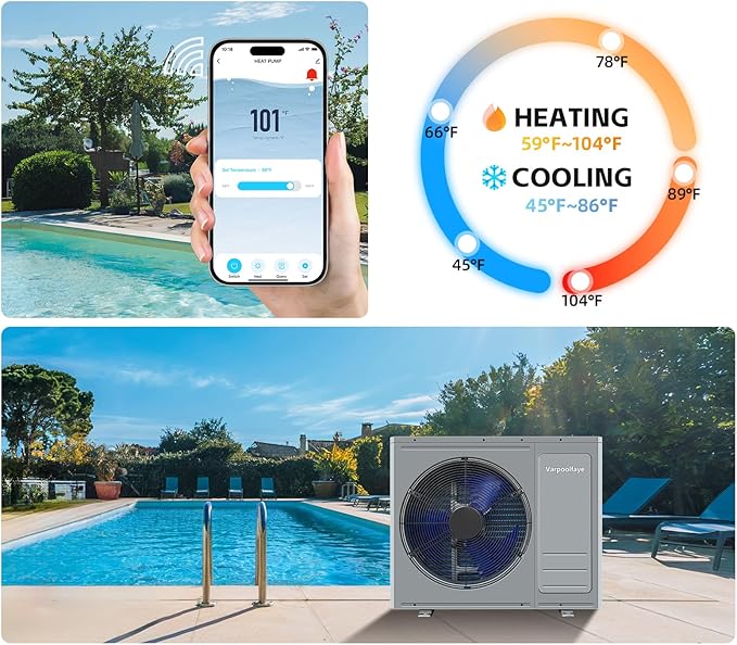 35100 BTU Swimming Pool Heat Pump Above Ground Pool Heater 220V Electric Pool Heater for Inground Pool 10000 Gallon Heating Cooling WiFi Control Schedule