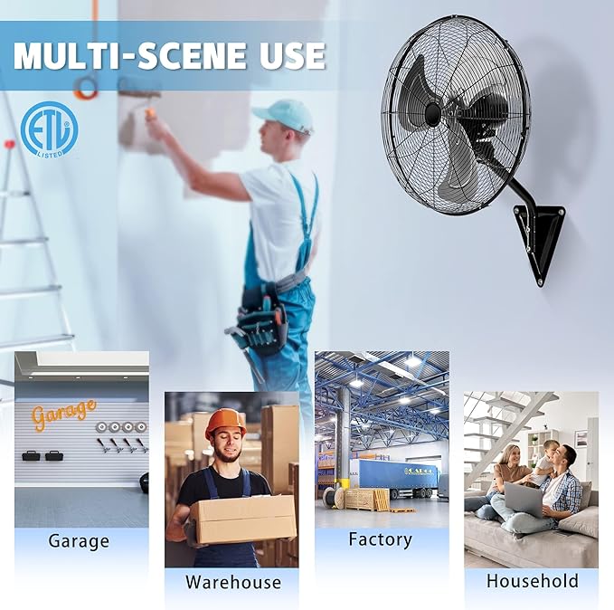 20" Wall Mount Fan, 7100CFM Heavy Duty Wall Fan with 3-Speed & Adjustable Tilt, High Velocity Industrial Oscillating Fans for Garage, Factory, Patio, Indoor, Porch, Shop & Commercial Use - ETL Listed