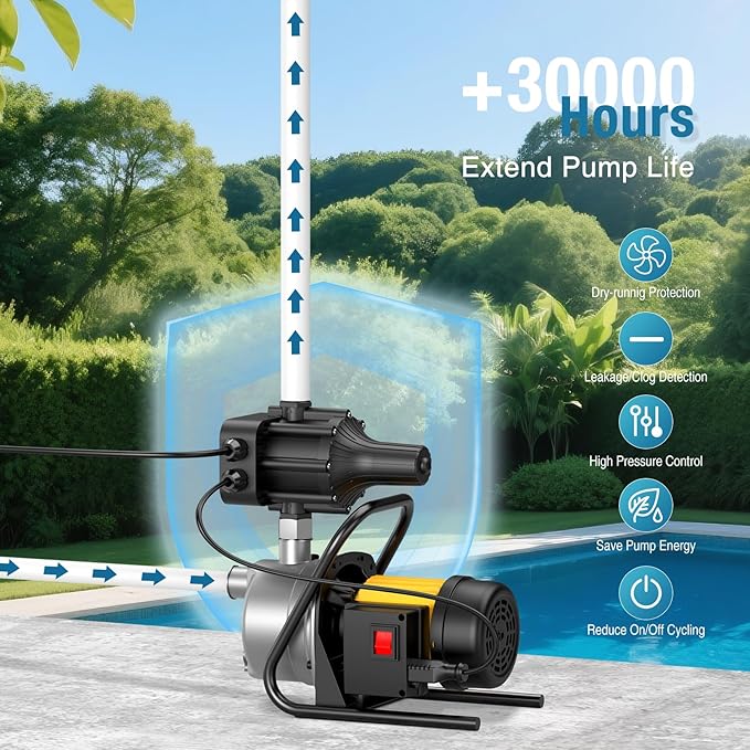 Smart Adjustable Pressure Switch for Well Pump, Automatic Water Pumps Switch, Dry-running Protection for Submersible/Shallow Well/Garden/Jet/Self-priming Pump, Power&Pump Cable Included, NPT1"&G1"