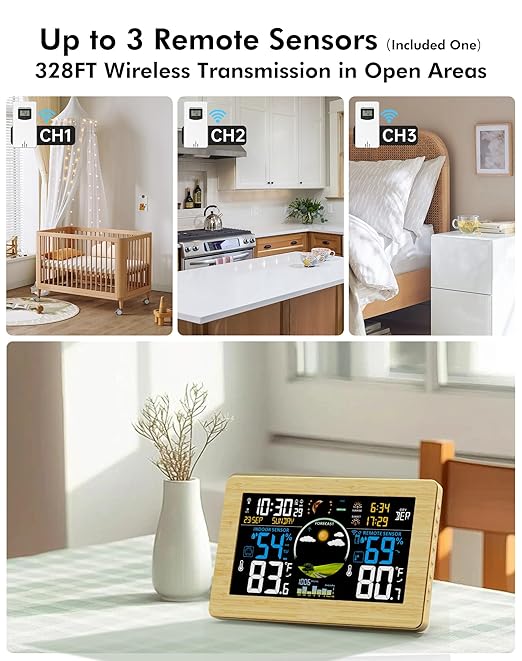 Weather Station Wireless Indoor Outdoor Thermometer, 7.5" VA Display with Remote Sensor, Home Weather Station with Weather Forecast, Temperature, Humidity, Atomic Clock, Wood