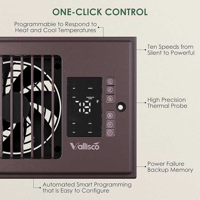 VallisCo Register Booster Fan 10-Speed Control with Negative Ion, Quiet Thermostat with Remote Control, Air Vent Fan Booster for Room 4" x 10", Enhance Home Comfort Instantly,Bronze