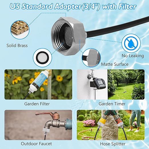Misting Cooling System Kit, 50FT Misting Line + 10 Brass Mist Nozzles + Brass Adapter(3/4") Outdoor Mister for Porch Patio Garden Greenhouse Trampoline Waterpark