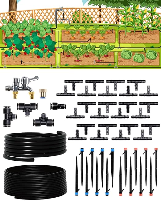 115FT Drip Irrigation System Kit, Automatic Garden Watering System with 1/2” & 1/3” Tubing, Adjustable Nozzle Emitters for Garden, Lawn, Potted Plants