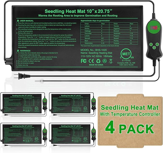 Seedling Heat Mat with Built-in Thermostat 4 Pack, 10" x 20.75" Waterproof Plant Heating Pad with Temperature Controller for Hydroponic,Germination, Indoor Gardening, Greenhouse, MET-Certified