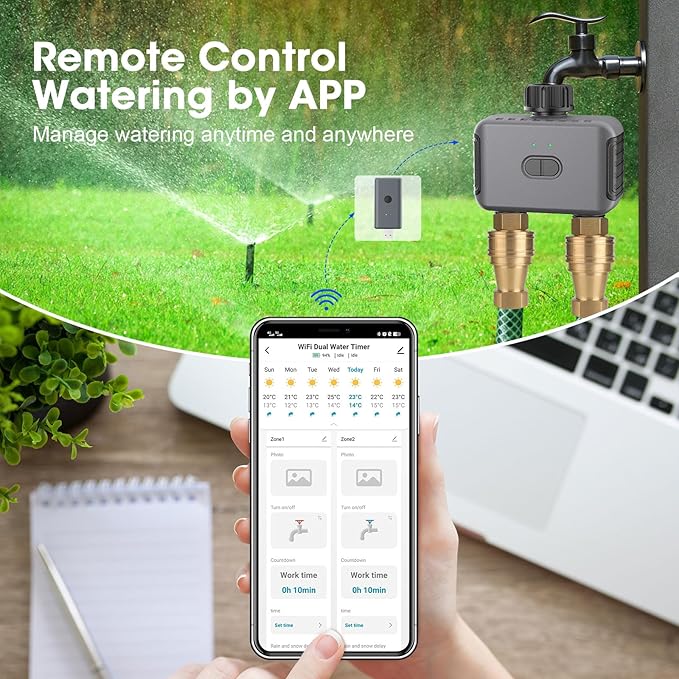 Haozee Zigbee Sprinkler Timer 2 Zone,Smart Water Timer for Garden Hose, Requires Zigbee 3.0 Hub,Support Home Assistant Zigbee2mqtt, Rain Delay and Manual Watering, Leakproof for Yard Lawn Watering