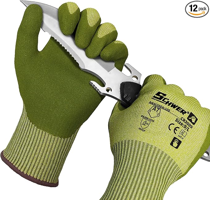 Schwer 12 Pairs ANSI A7 Cut Resistant Fishing Gloves, CR3009 Touchscreen Compatible Work Gloves for Men and Women, Non Slip, Ideal for Fishing, Hunting, Hiking, Cycling, DIY and Outdoor Activities, L