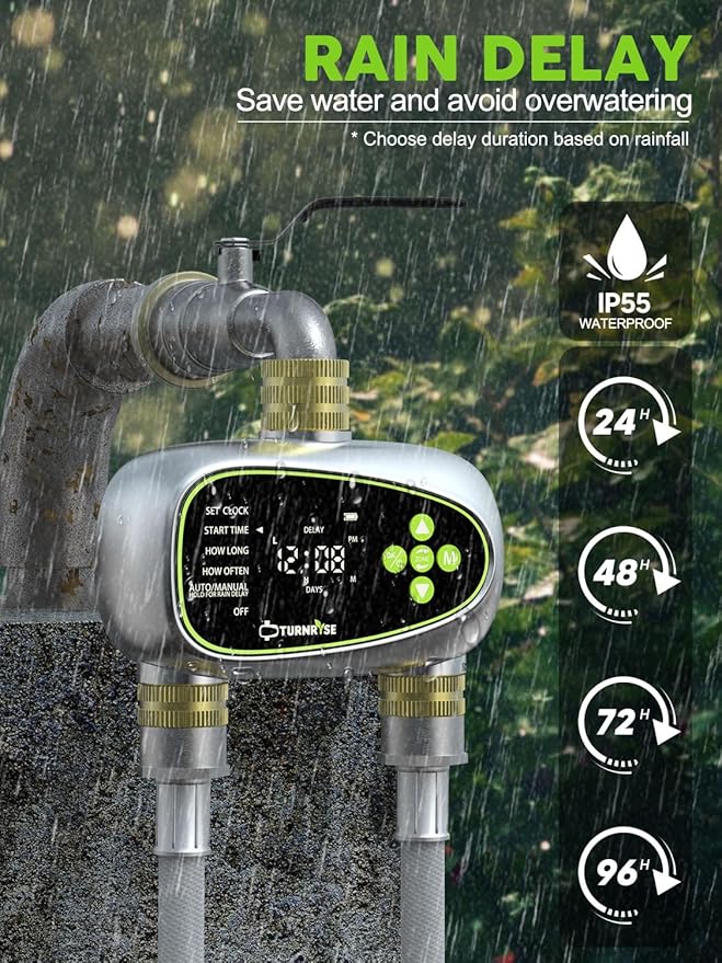 Hose Timer 2 Outlet- Irrigation Timer for Garden Water Hose with Soil Moisture Sensor, Rain Delay & Brass Inlet Programmable Sprinkler, Automatic Drip Irrigation System for Yard Lawn Greenhouse