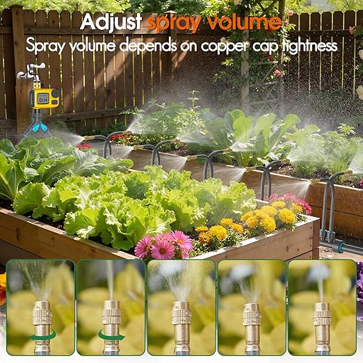 360°Adjustable Drip Irrigation System Kit with Hose Timer - 98FT 1/2" Garden Watering System with 20 Copper Nozzles, Greenhouse Accessories, Irrigation System for Garden,Yard, Lawn, Plant
