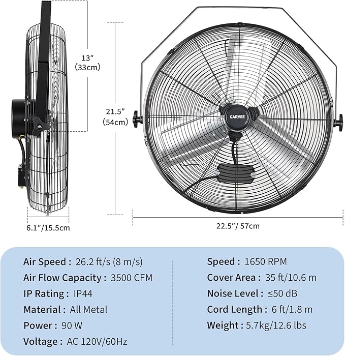 Garvee 18 Inch Wall Mount Fan, 3500 CFM 3 Speeds High Velocity Industrial Fan with 360° Tilt Head, IP44 Waterproof Heavy-Duty Aluminum Blades for Workshop, Warehouse, Greenhouse, Commercial