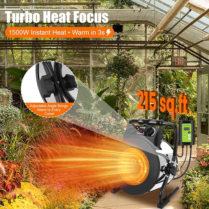 Greenhouse Heater with Thermostat, 1500W Outdoor Heaters for Patio, Fast Heating, Overheat Protection, Electric Space Heaters for Greenhouse, Grow Tent, Patio, Garage, Indoor（Silver）