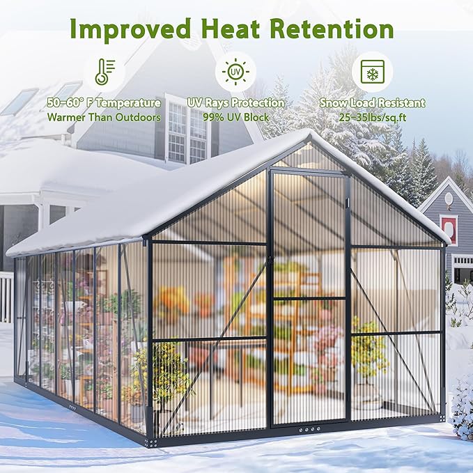 Wanan 8x14FT Greenhouses for Outdoors, Quick Assembly Polycarbonate Green House with UV Protection, Windproof Aluminum Frame Heavy Duty, Adjustable Roof Vent for Backyard or Outdoor Garden Use
