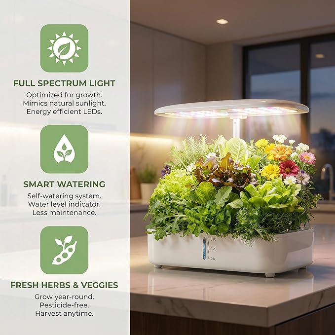 Hydroponics Growing System Kit, Soil-Free Indoor Herbs Garden, 12 Pods Plant Growth Equipment with 24W Full Spectrum LED Grow Light, Smart Silent Cycle Water Pump, 3.8L Tank for Gardening