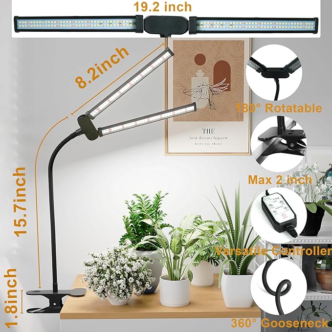 LED Grow Light,Super Bright 6000K White Full Spectrum Clip Plant Growing Lamp with Rotatable Dual Head for Indoor Desk Plants,Dimmable & Timer 4/8/12H,High Power Output for Faster Growth,1-Head