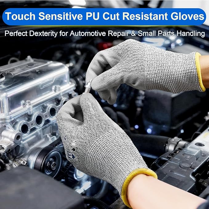 Dowellife Cut Resistant Work Gloves for Men & Women - ANSI A5 & EN388 Level 4, Breathable PU Coated, Grey Non-Marking - for Gardening, Fishing, Automotive, Construction, Wood Carving (X-Large, Grey)