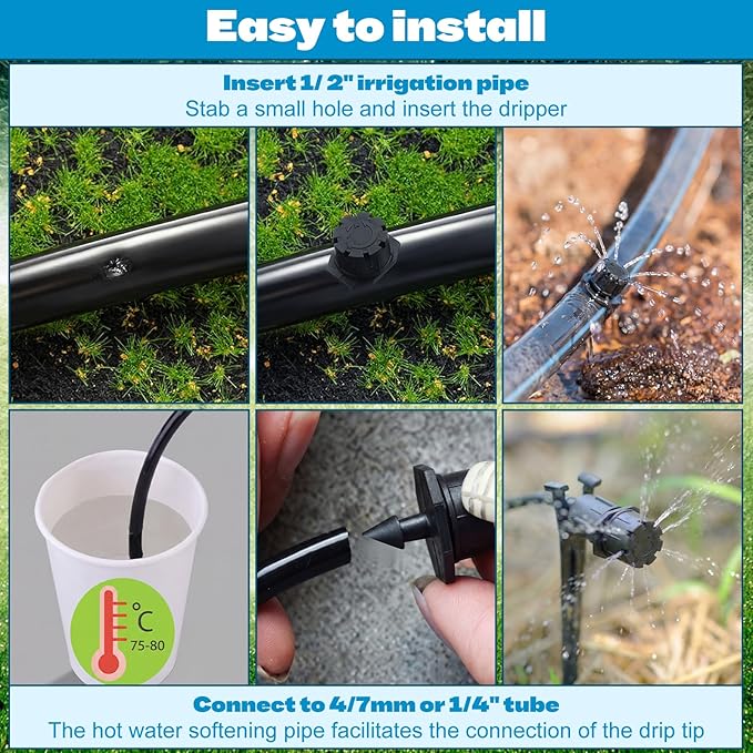Honoson 30 Pack 1/2 Inch Irrigation Tubing Hold Down Anchor Stakes, 0.87 x 4.33 Inch Drip Tubing Stakes with 50 Pcs 1/4" Adjustable Irrigation Drippers Sprinklers for Garden Patio Lawn Hoses(Black)