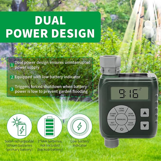 Hose Timer, Zuomeng Water Timer for Garden Hose with Dual Power System, Leak-Proof Design, Smart Irrigation Controller with Rain Delay, Auto & Manual Watering Modes for Lawn & Garden, Green