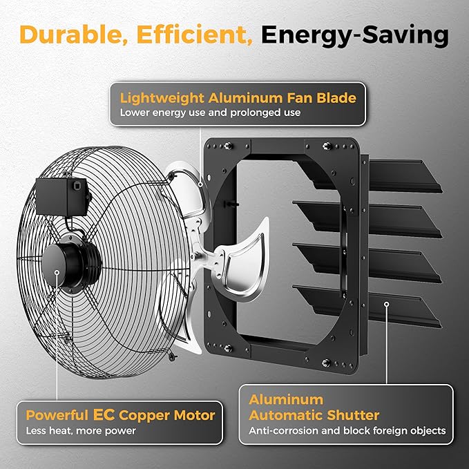 CAMMOO 16 Inch EC Motor Shutter Exhaust Fan, 6 Inch Large Touchscreen Controller for Temp Humidity and Speed Control, 10-Speed Wall Mount Fan for Attic, Greenhouse, Garage, Chicken Coop Ventilation