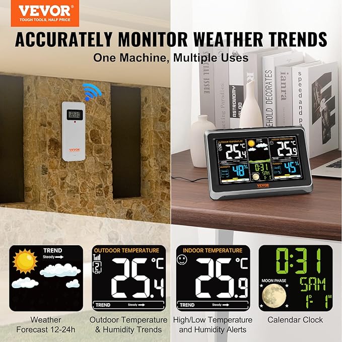 VEVOR Weather Station Indoor Outdoor, 7.5 in Color Display, Wireless Digital Home Weather Station, with Sensor Atomic Clock Adjustable Backlight Forecast Data Calendar Alarm Alert Temperature-NO WiFi