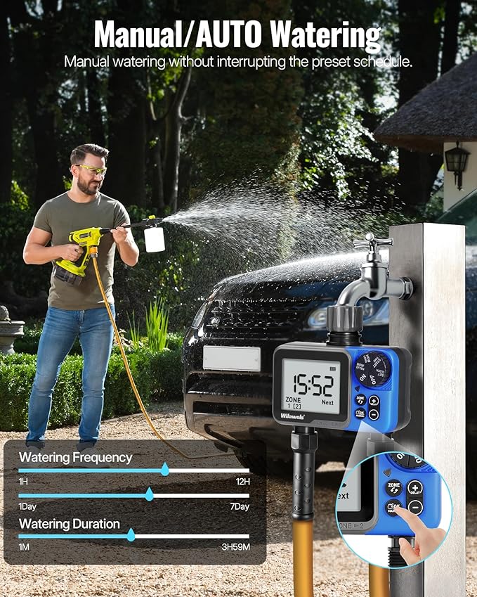 Water Timer for Garden Hose, 2 Zone Sprinkler Timer, Automatic Irrigation System/Rain Delay/Manual Watering, Programmable Watering for Lawn, Yard, Drip Irrigation C12WT06