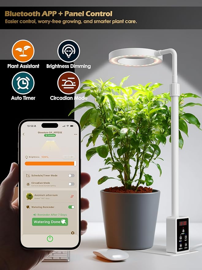 Smart Grow Lights for Indoor Plants, Plant Light with Auto-Timer, Full Spectrum LED Grow Light, Adjustable Height & Stepless Dimming,Plant Assistant Suitable for Most Plants (White(Desktop2))