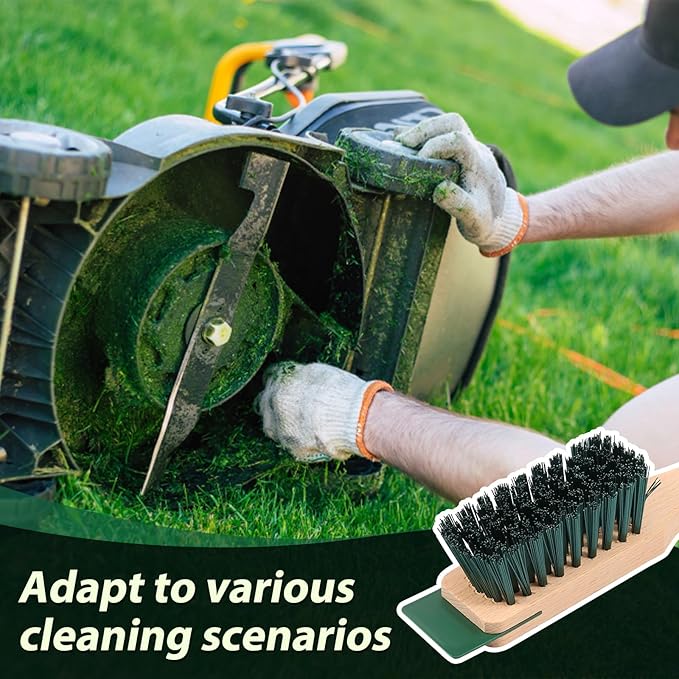 2 Pcs Lawn Mower Scrub Brush Universal Lawn Mower Stiff Bristle Brush with Scraper and Wood Handle for Deck Gutter Garden Tool Cleaning