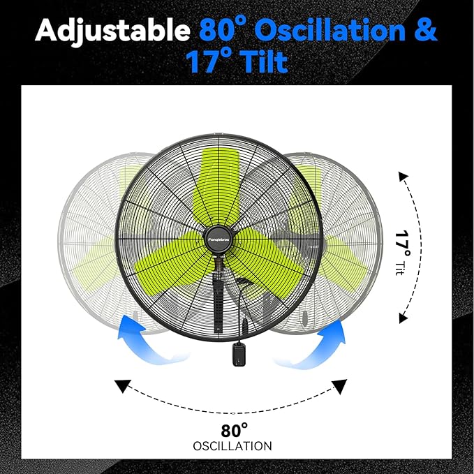 Pro 24" Industrial Wall Mount Fan, 9500 CFM High Velocity Metal Wall Fan, IP44 Waterproof Oscillating 3-Speed Outdoor Commercial Fan for Garage, Warehouse, Patio, Workshop