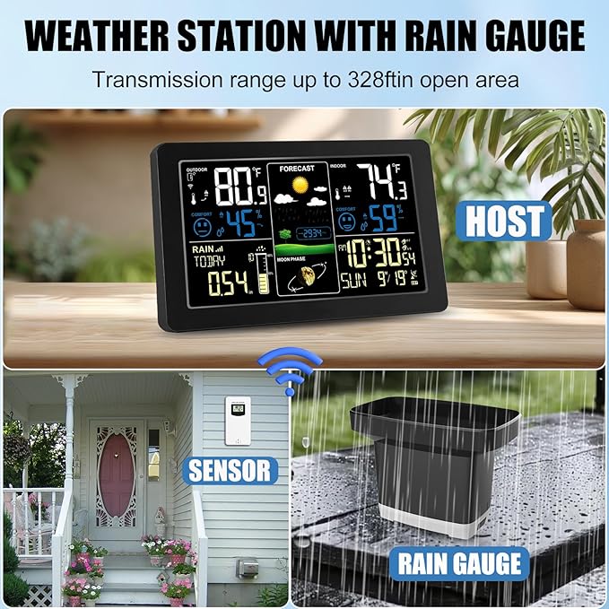 BIUWING Weather Station with Rain Gauge Outdoor, Home Weather Stations Wireless Indoor Outdoor with Digital Rain Gauges, Thermometer, Barometer, Hygrometer, Atomic Clock, Weather Forecast and Alerts