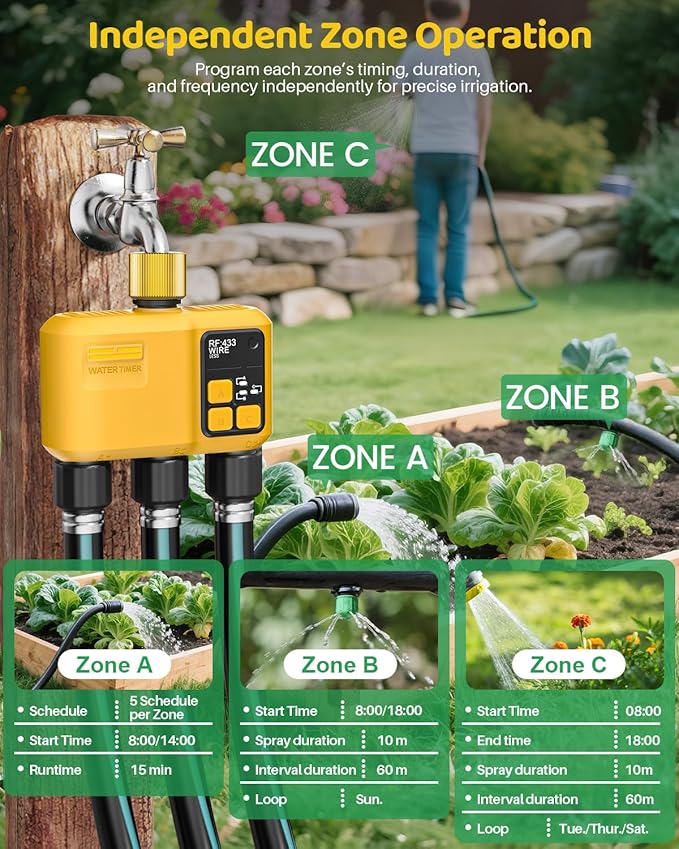 WiFi Water Timer 3 Zone for Garden Hose, Smart Sprinkler Timer with 984ft RF Range, Brass Inlet, APP/Voice Control, Rain Delay, Automatic/Manual Irrigation