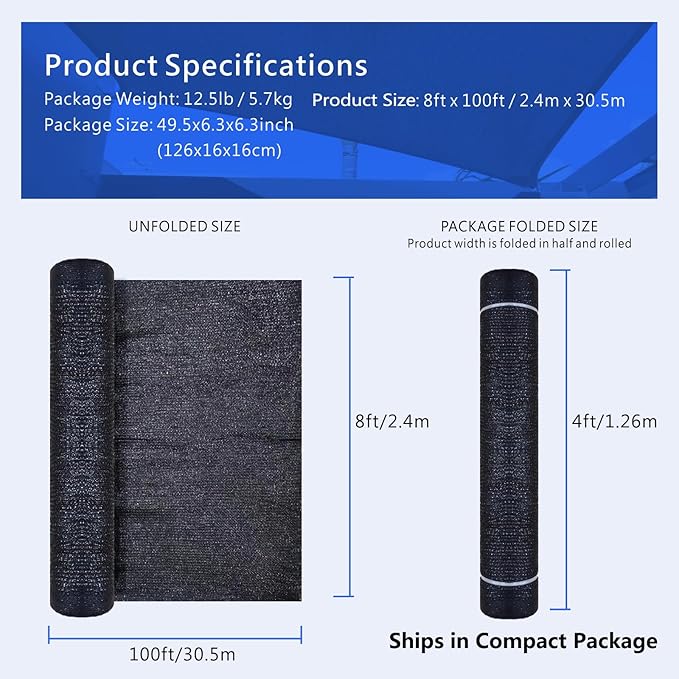 60% Shade Cloth Roll 8ft x 100ft - HDPE Sun Shade Fabric Roll, UV Block Cuttable Shade Mesh for Garden, Greenhouse, Patio, Pergola - Black Outdoor Sunblock Shade Netting
