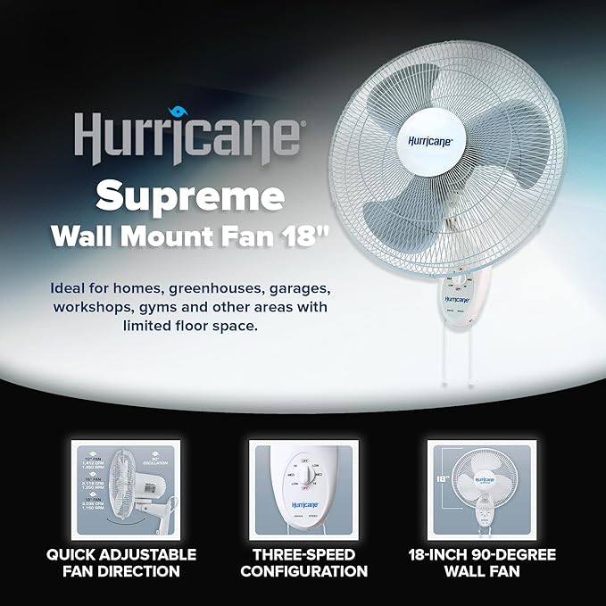 Hurricane 18" Supreme 90-Degree Oscillating Wall Mounted Fan with 3 Quiet Speeds, White - Indoor Air Cooling Unit with Adjustable Tilt and Pull Cords for Bedroom, Garage, Office, and Home