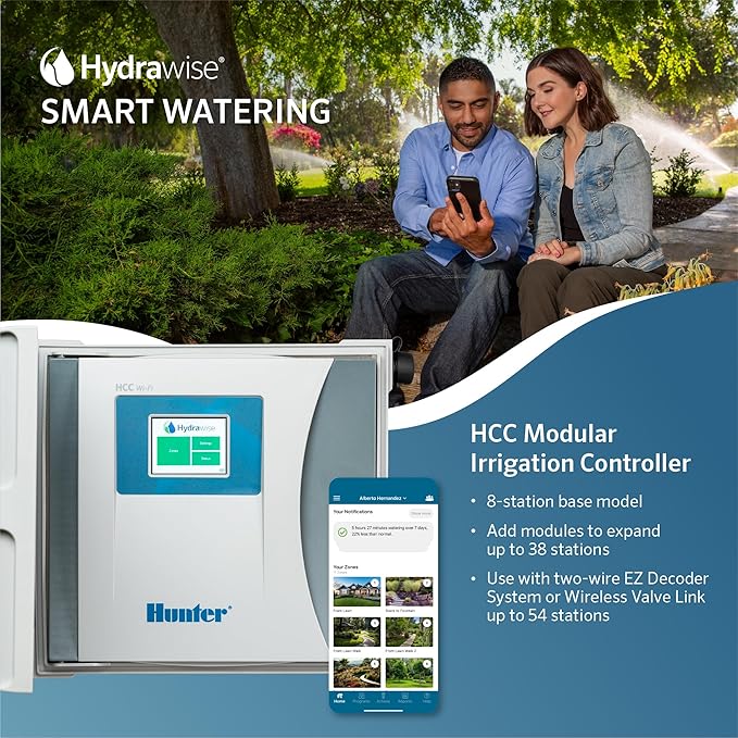 Hunter HCC 800 PL Smart WiFi Irrigation Controller Hydrawise Enabled 8 Station Base Expandable to 54 Zone Outdoor Sprinkler Timer with Weather Based Scheduling Wall Mount
