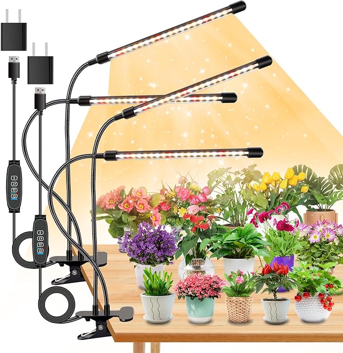SDOVUERC 4 Heads Grow Lights for Indoor Plants, Full Spectrum LED Plant Lamps with Clips and 120 inch Cables for Seeding Growing(with Adapter)