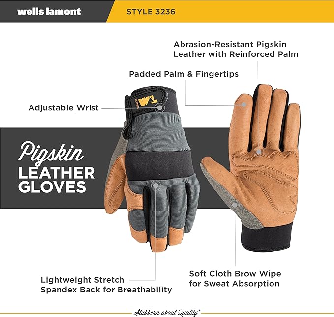 Wells Lamont Men's Heavy Duty Leather Palm Hybrid Spandex Work Gloves, Medium (3236M), Gray
