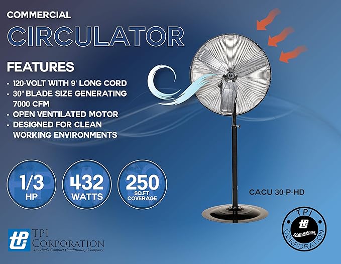 TPI Corporation CACU30-PO-HD Commercial Heavy Duty Oscillating Fan, Unassembled w/Pedestal Kit, 30" Blade Diameter, 3 Speed 1/3 HP Motor, 9' Cordset, Black