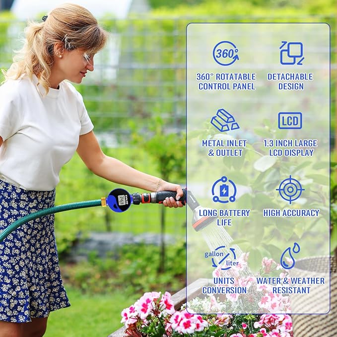 Water Flow Meter with 360° Rotatable and Removable Panel, Alloy Inlet & Outlet Flow Meter Measure Gallon/Liter Consumption for Garden Hose Watering, RV Water Tank Filling, Lawn Sprinkler