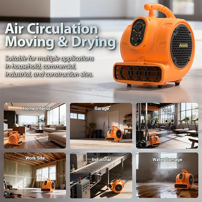 1/4 HP 1100 CFM Air Mover Blower Fan, Carpet Drying Fan, 3-Speed Stackable Utility Blower Heavy Duty High Velocity Industrial Fan with Timer for Water Damage Restoration, ETL Listed, Orange