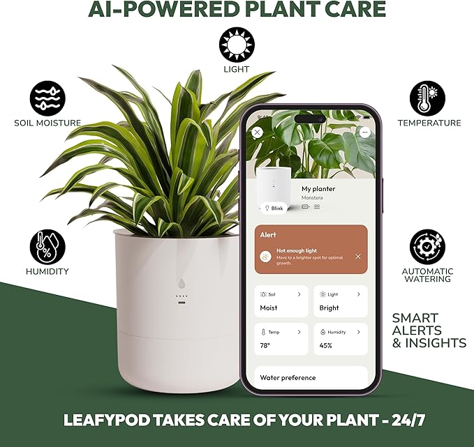 Smart Self Watering Planter with WiFi Bridge & App Control – AI Plant Care System with Sensors, Automatic Watering, Alerts – Modern Indoor Planter for Houseplants