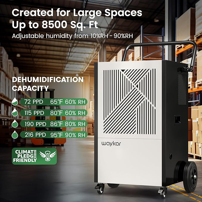 Waykar 216 Pints Commercial Dehumidifier with Pump, Drain Hose and Washable Filter Space up to 8500 Sq. Ft, for Basements, Industrial or Commercial Spaces and Flood Restoration - 5 Years Warranty