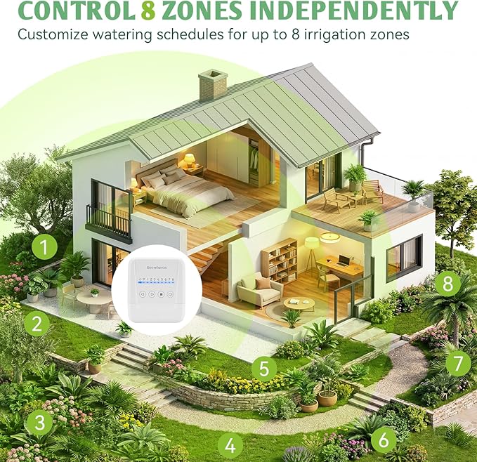 Snowtaros WiFi Smart Sprinkler Controller (8 Zone), Irrigation Controller with APP Control, Local Weather Intelligence, Rain Delay, 24VAC Compatible, Easy DIY Install, Sprinkler Timer for Garden Yard