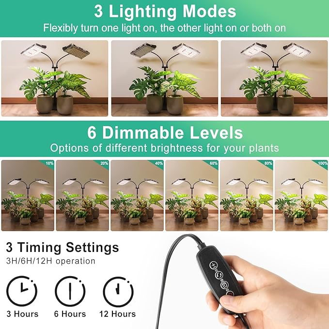 LBW Grow Light for Indoor Plant,Full Spectrum Dual Heads Desk Plant Light,Grow Lamp with 3H/6H/12H Timer,6-Level Brightness,3 Lighting Mode,Height Adjustable,Flexible Gooseneck,Ideal for Indoor Growth