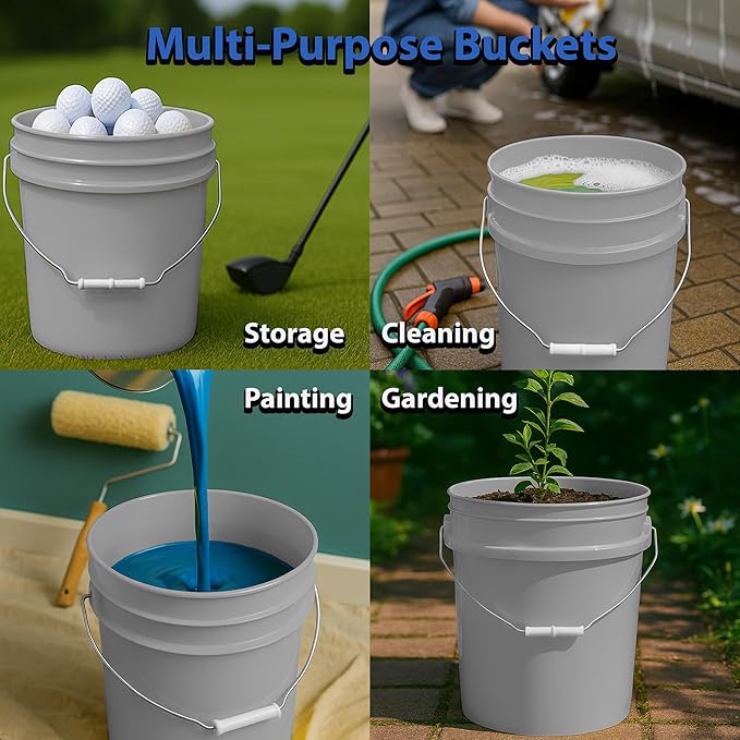 MKS Plastics 5-Gallon Bucket with Airtight Lid – Made in USA, Food Grade BPA Free Plastic, Heavy Duty Multi-Use, Metal Handle with Grip, Stackable Storage – Silver, 1 Pack