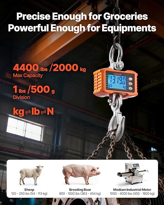VEVOR Digital Crane Scale, 4400 lbs/2000 kg Max Capacity, Heavy Duty Industrial Hanging Scale with Cast Aluminum Case & LCD Display, 1 lbs Division & 3 Unit Switch, Remote Control for Garage Factory