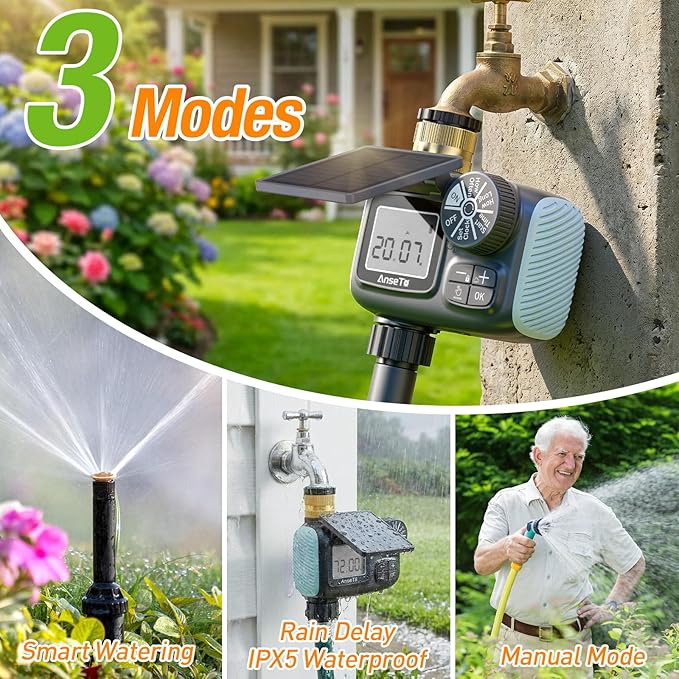 Solar Sprinkler Timer, Solar & Type-C Rechargeable Water Timer for Garden Hose, Programmable Faucet System with Rain Delay/Manual/Auto Mode, Digital Irrigation Controller for Lawn/Yard/Pool
