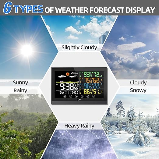 LFF Weather Station, Indoor Outdoor Weather Station Wireless with Multiple Sensors, Color Display Digital Atomic Clock Indoor Outdoor Thermometer Wireless, Forecast Station with Adjustable Backlight