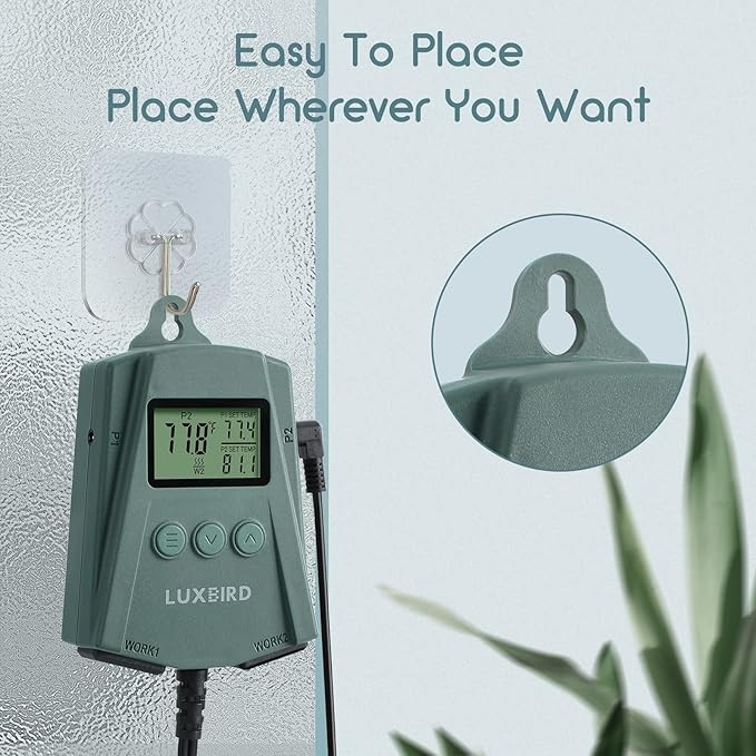 LUXBIRD LB-2SC Digital Heating Mat Thermostat Controller with 2 Probes and 2 Outlets for Seedlings, Germination, Reptiles, Brewing, Breeding, Incubation, Greenhouse (Max 250W per Outlet)