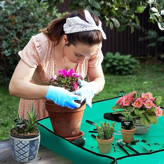 20pcs Small Gardening Tools Gifts for Women Beginners - Garden Hand Tools Set for Indoor Succulent Bonsai Plants Transplanting, Included 39.4" Plant Repotting Mat/Miniature Shovel/Labels, Green