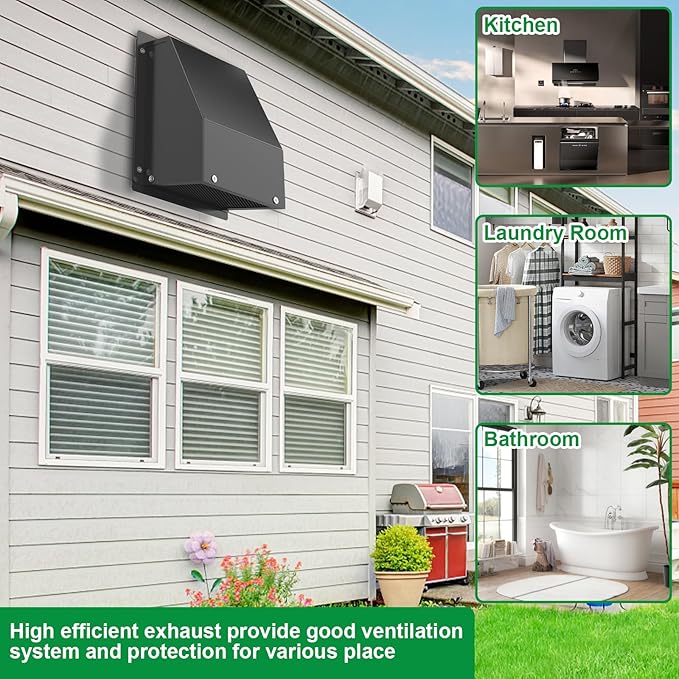 12 Inch Hooded Wall Vent with Screen and Damper, Outdoor Wall Exhaust Vent Cover Cap for Residential Housing Kitchen Rangeand Outside Air Exhaust, Galvanized Steel,Widely Applicable, Black