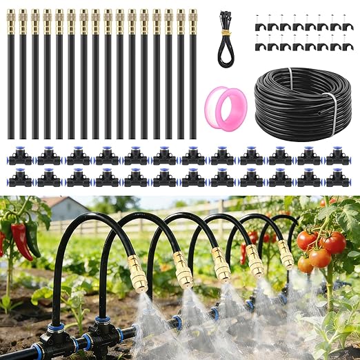 Automatic Drip Irrigation Kits - Garden Watering System with 360° Bendable Spray Adjustable Copper Atomizing Nozzles for Yard, Lawn, Raised Bed, Greenhouse, Potted Plants (24 Nozzles, 100FT Hose)