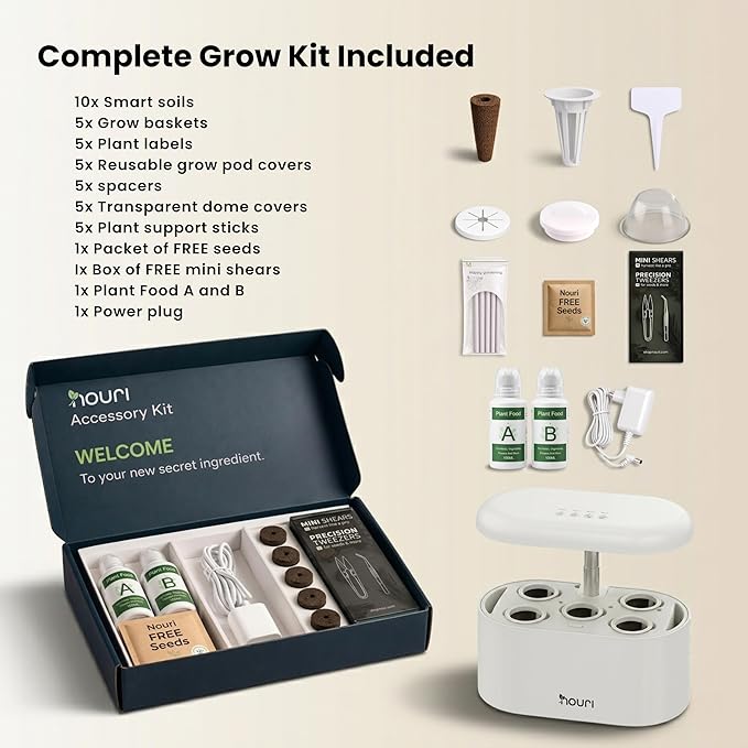 Nouri Hydroponics Growing System, 5 pod Smart Indoor Herb Garden Kit with LED Grow Lights, Hydroponic Herb Garden Indoor for Plant Lovers, Gardeners, Kitchen, Tomato Seeds Included
