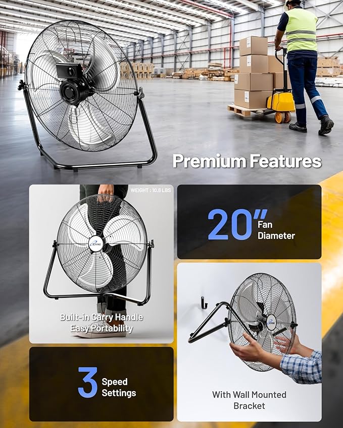 iLIVING 20 Inch Heavy Duty Floor & Wall Mount Fan - 5750 CFM High Velocity, 120-Watt, 3-Speed, Industrial Cooling for Garage, Workshop, Office, Home - UL Listed, Black
